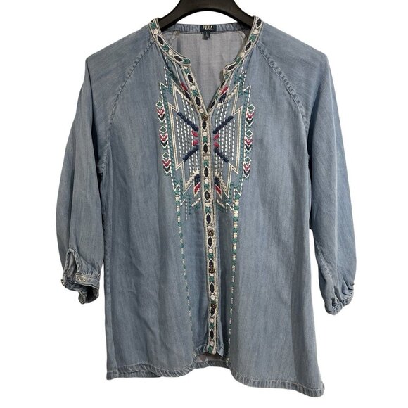 Reba Denim‎ Shirt Womens L Embroidered Southwestern Button Down Cowgirl Festival - Picture 1 of 7